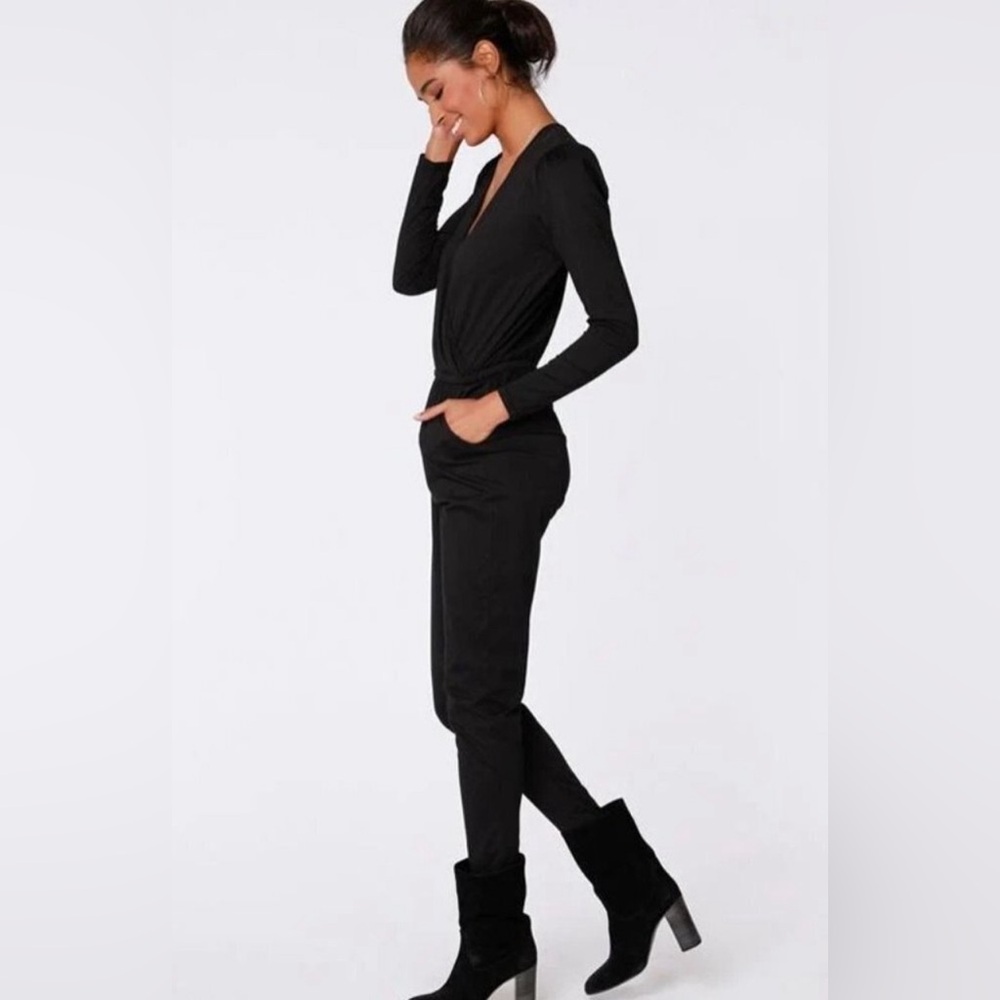 BOBI Revolve Women’s Black Drape Front Size Med Modal Surplice Jumpsuit - Picture 4 of 11